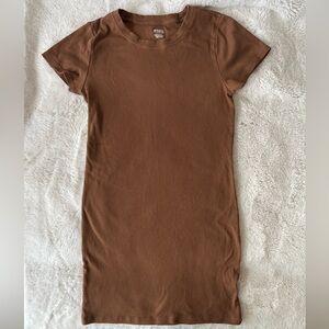 Brown Ribbbed Bodycon Short Sleeve Dress PINK